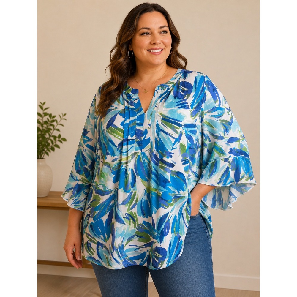 521. Perception Women Blue Green Abstract Floral Bell Sleeve Blouse Plus Size 3X